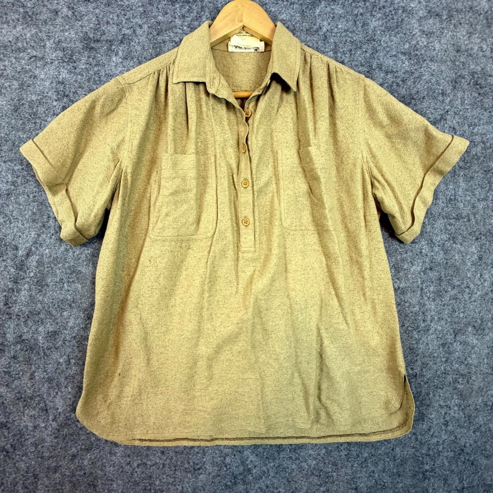 Georges Rech Popover Shirt Womens L Tan Vintage Silk Collared Short Sleeve Top